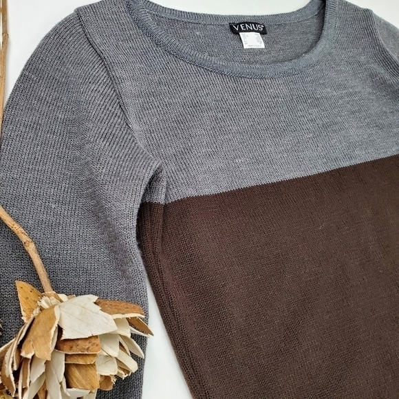 Venus Brown Grey Tan Color Block Sweater Dress Sz - Picture 6 of 9